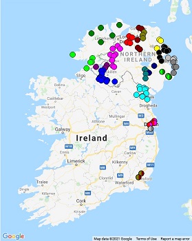 Map of places covered by Alan Gailey's analysis of Irish folk play texts.